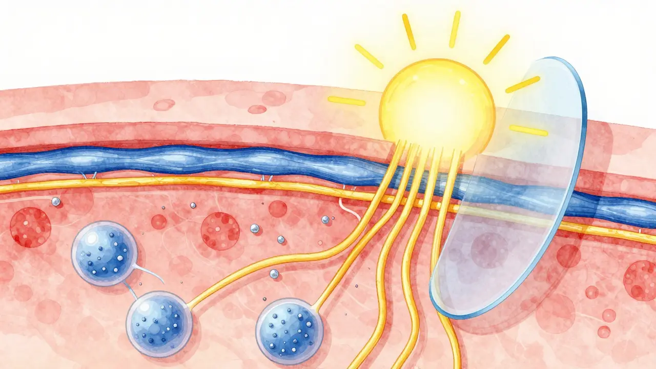 Řez kůží s aktivními buňkami produkujícími kolagen a elastin pod vlivem mořského kolagenu.