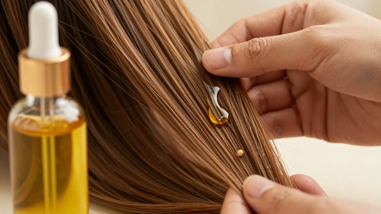 Ruka aplikující arganový olej na vlasy, koncentrace na končky, teplé osvětlení.