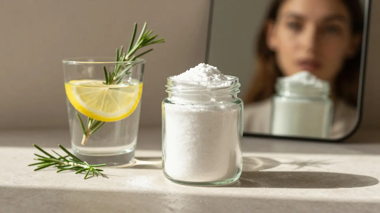 Skleněná nádoba s mořským kolagenem, voda s citrónem a zrcadlo odrazující pohled.