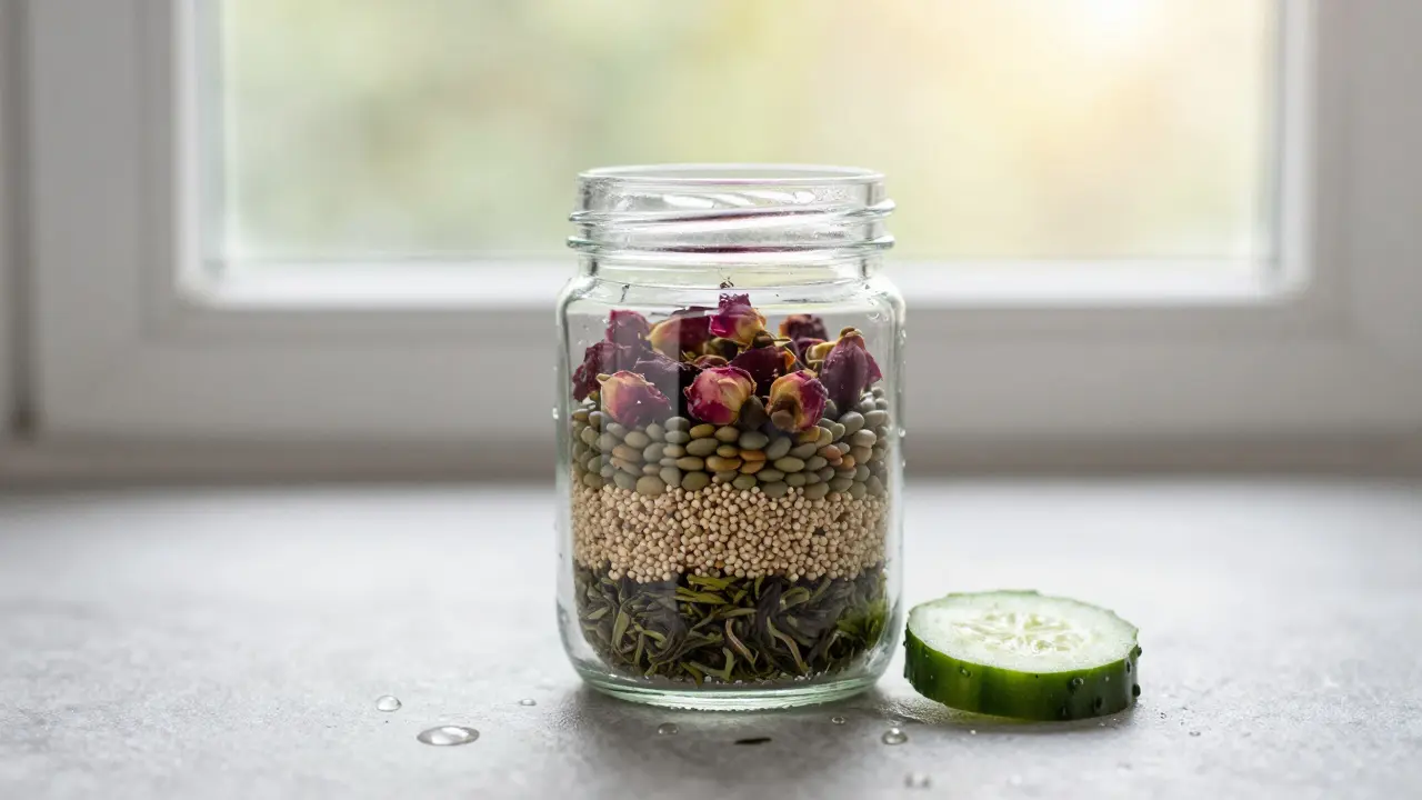 Skleněná nádoba s vrstvami zdravých potravin a kapkami vody, symbolizující hydrataci a výživu pro pleť.