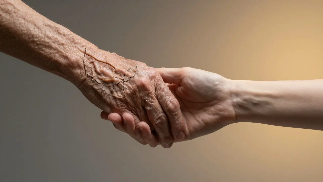 Stará ruka s tenkou kůží a vyprázněnou podkožní vrstvou vedle mladé ruky s plnou tkání.