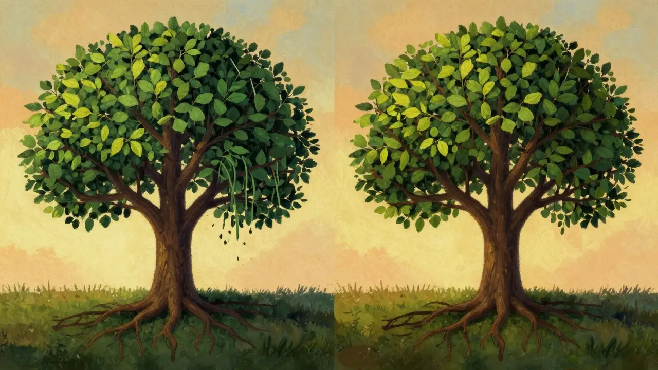 Strom s vlasy jako listy, jedna strana bez listů, druhá plná a rovnoměrně rozložená.