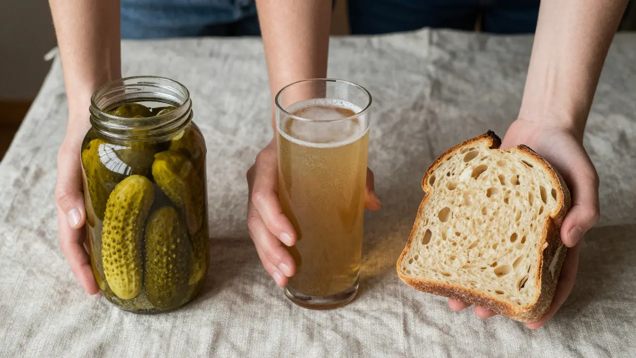 Tři druhy nepasterizovaných fermentovaných potravin na lněné tkanině