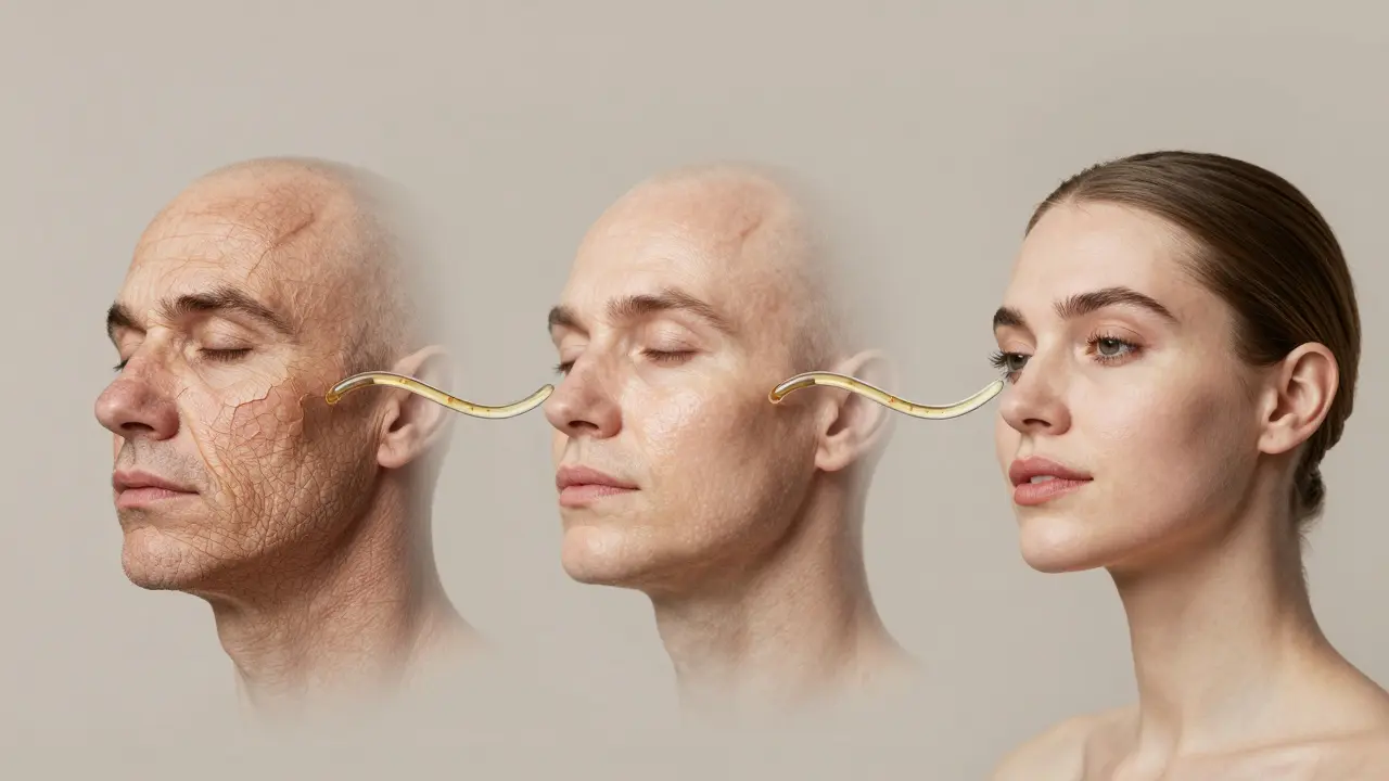 Tři fáze vývoje pokožky: po 0, 8 a 12 týdnech užívání kolagenu, znázorněné jako postupné zlepšení pružnosti a vzhledu.