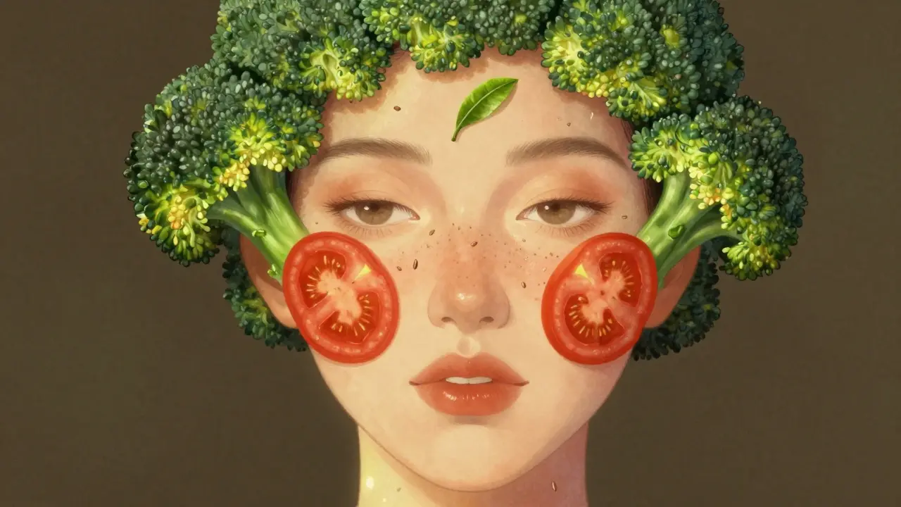 Tvář ženy složená z zeleninových a potravinových prvků, symbolizující zdravou pleť z vnitřku.