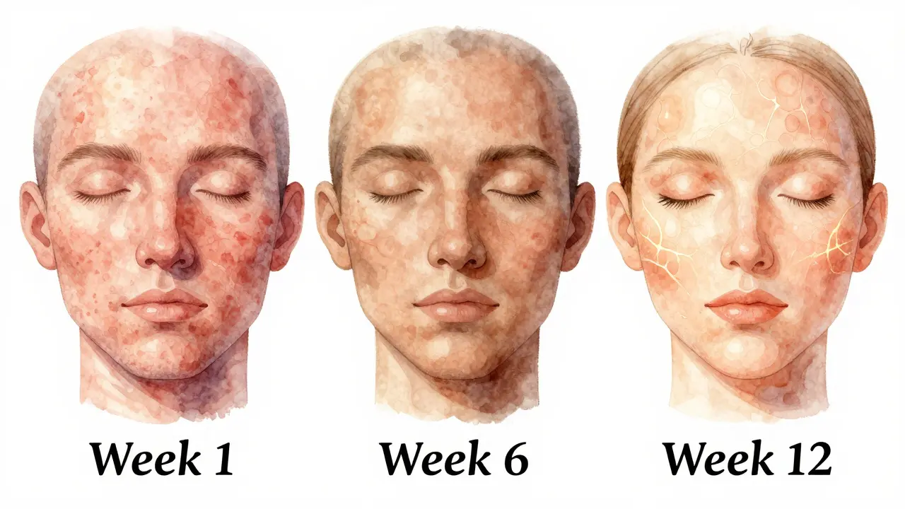 Vizuální přehled změn pokožky během 90 dnů používání retinolu.