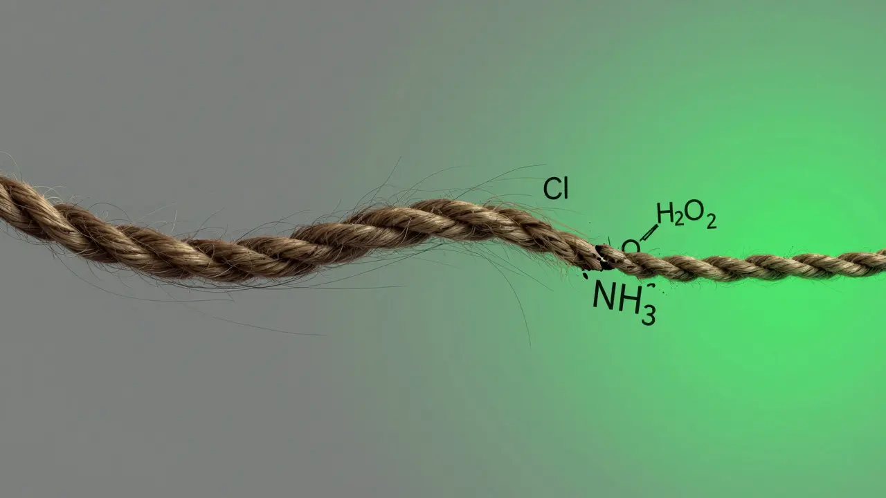 Vlasové vlákno jako přerušované lano, poškozené chemickými symboly.