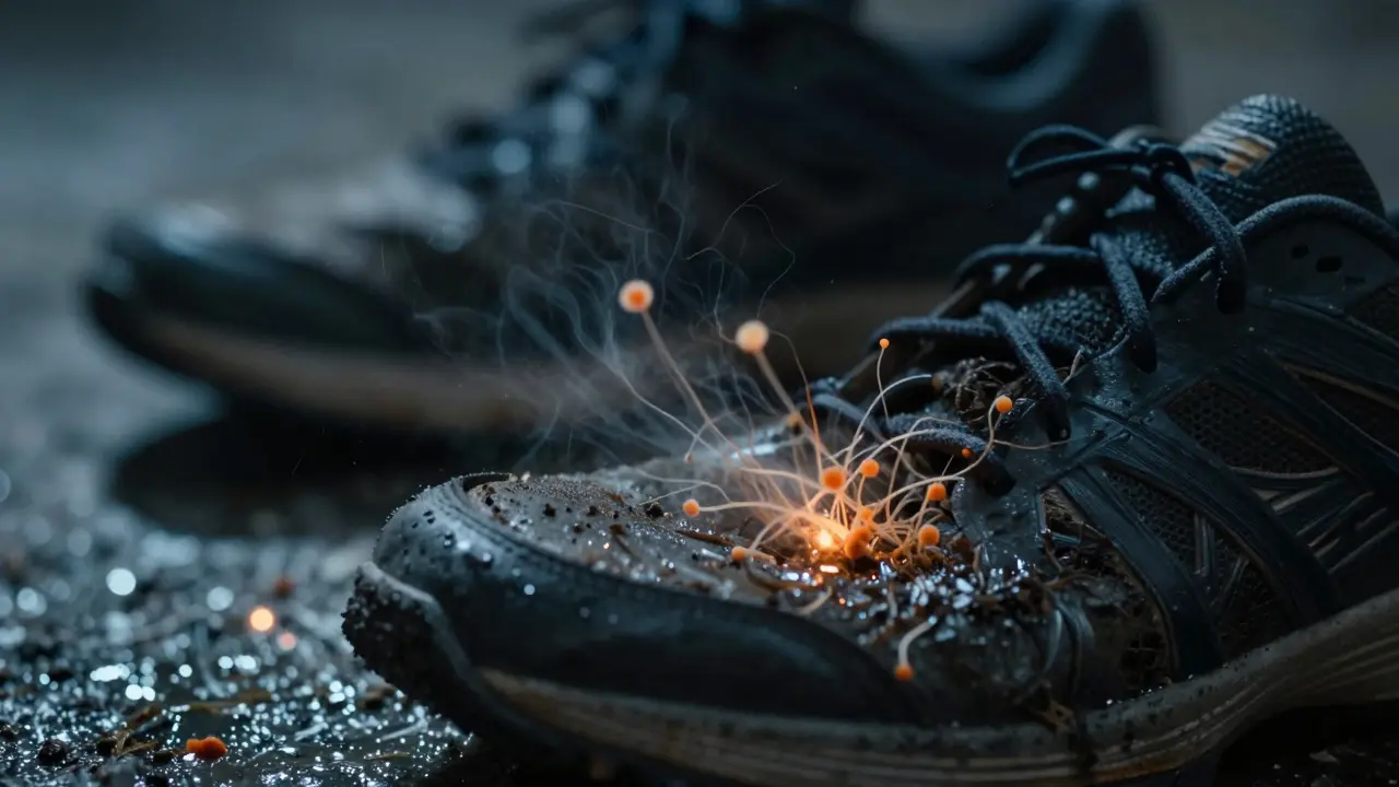 Vnitřek boty s neviditelnými houbovými sporami plavajícími ve vzduchu