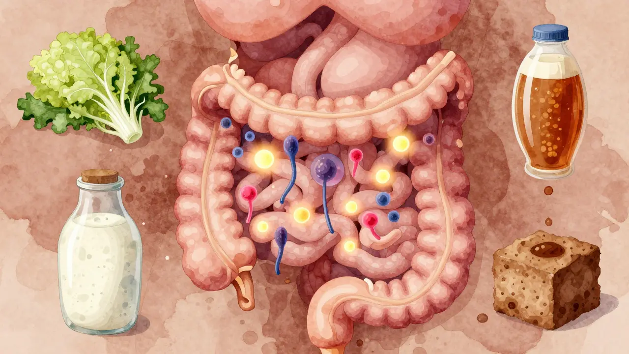 Vnitřek trávicího traktu s živými probiotiky a fermentovanými potravinami