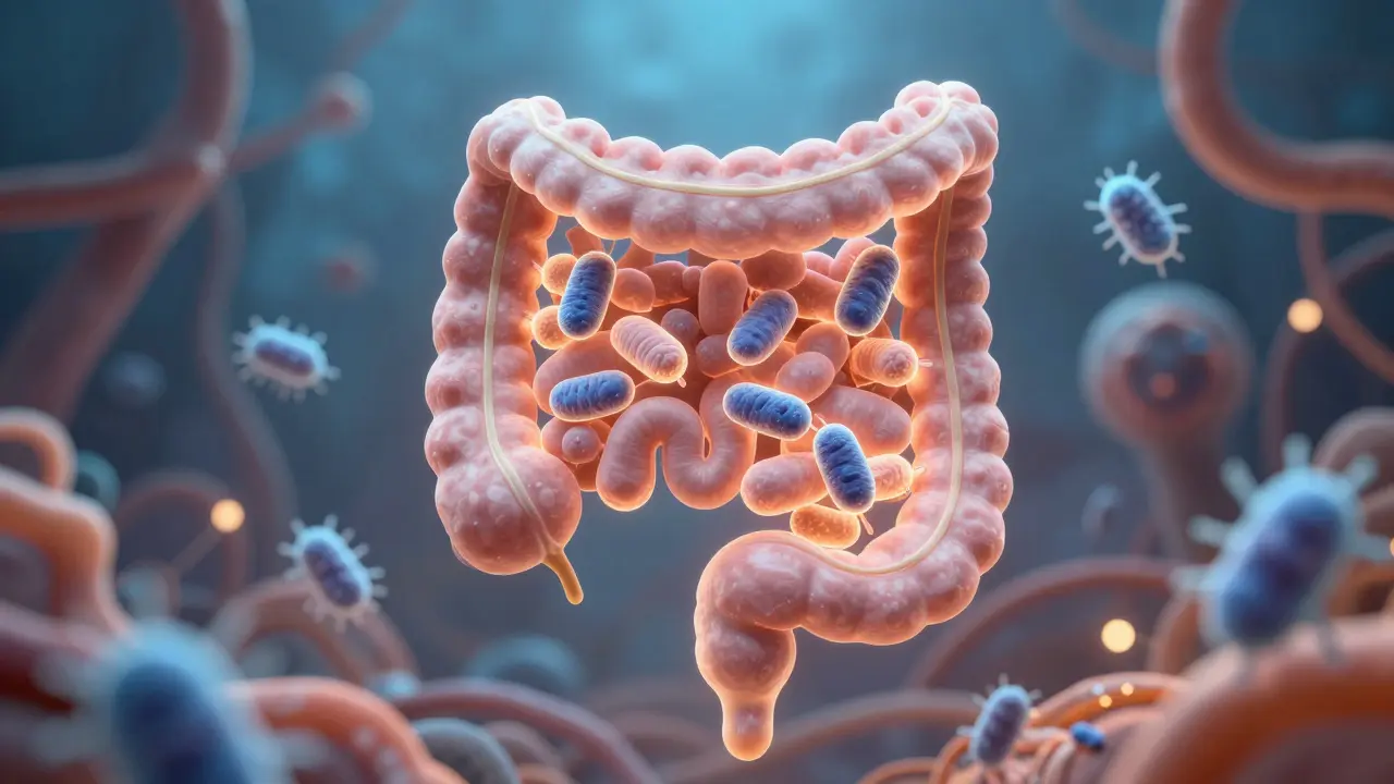 Vnitřní pohled na střevo s těkavými laktobacily, které obnovují rovnováhu střevního mikrobiomu.