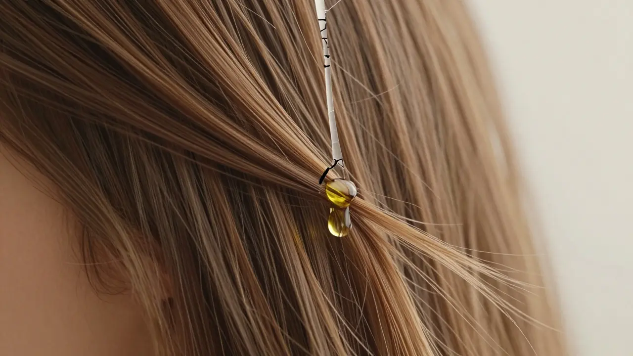 Zdravé vlasy v přirozeném světle s náznakem obnovy kapkou oleje.