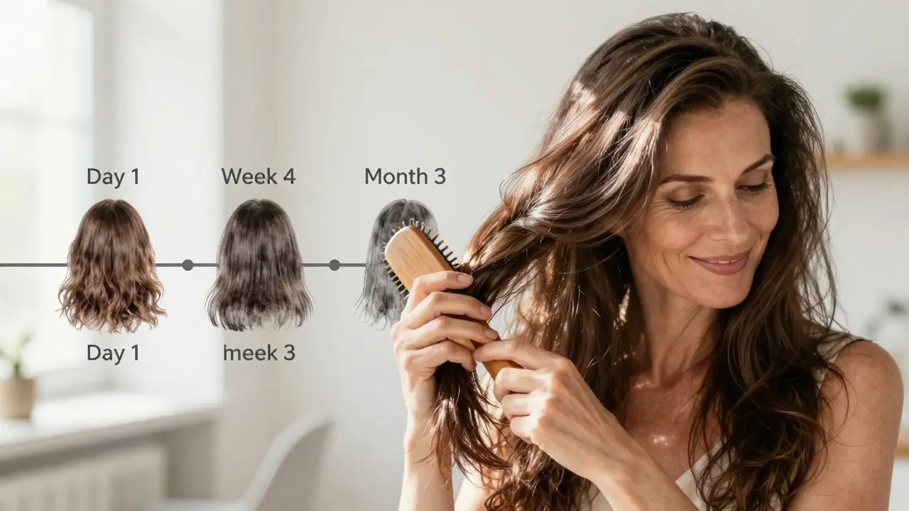 Žena češe vlasy dřevěným kartáčem, světlo září na její lesklé vlasy.