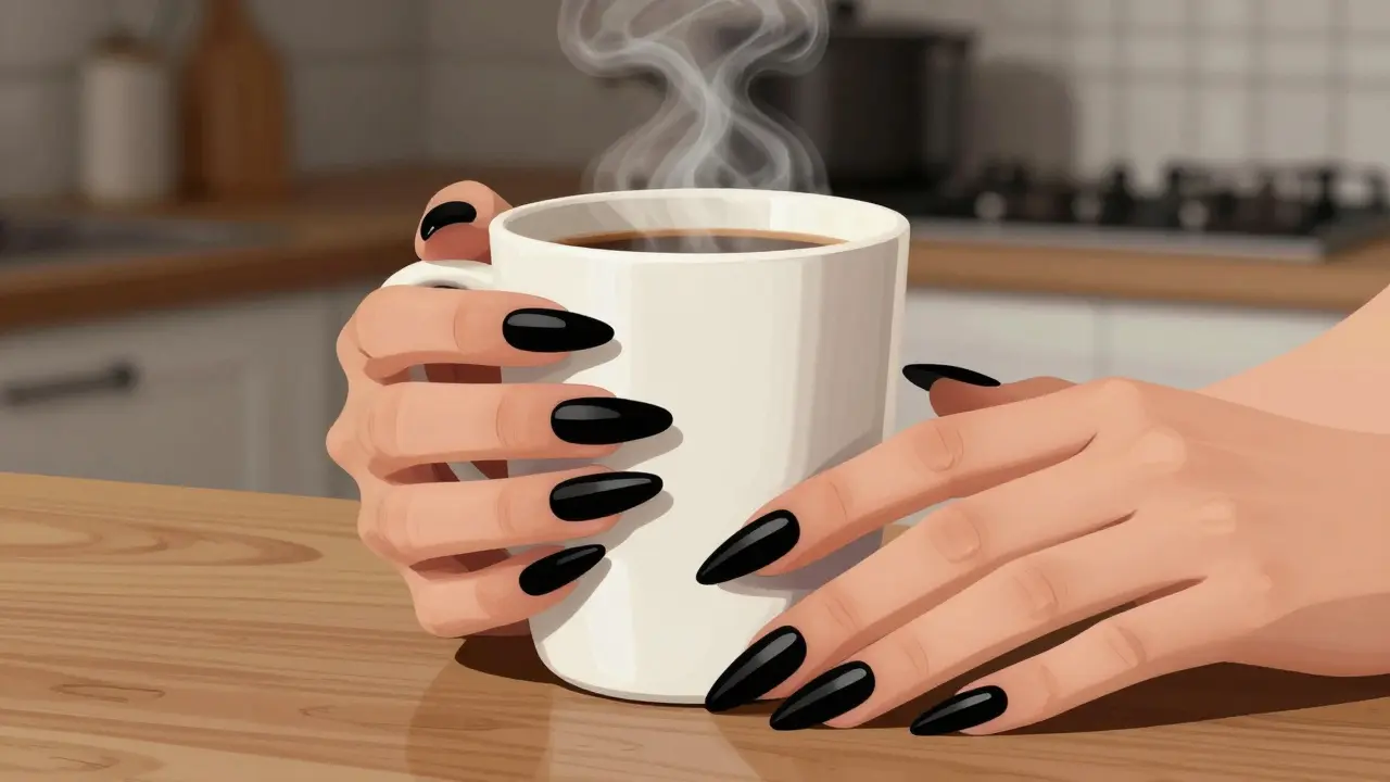 Žena drží hrnek kávy s tvrdými akrylovými nehty ve kuchyni.