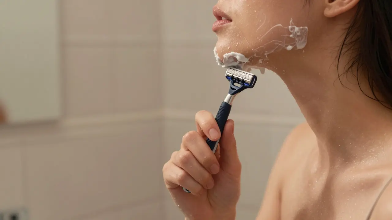 Žena se opiluje čistou holkou ve vlhké koupelně ve směru růstu vlasů.