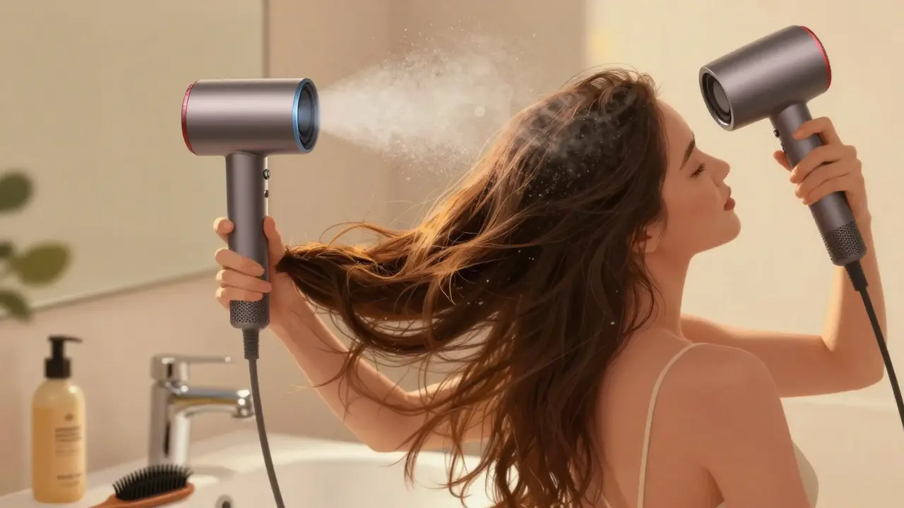 Žena suší vlasy obrácenou hlavou, vlasy se přirozeně zvedají u kořenů, používá iontovou sušičku.