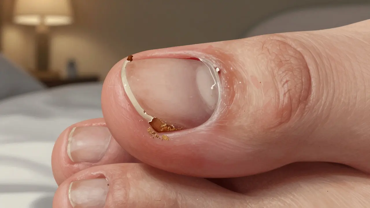 Ztlustlý a deformovaný nehet s odstávajícími hranami a špínou pod ním