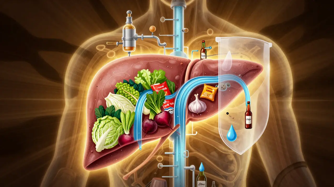 Abstraktní ilustrace jater jako chemického závodu, který přijímá čisté látky a odmítá toxiny.