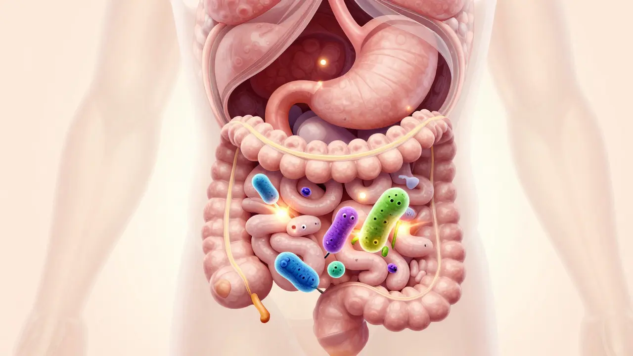 Anatomická ilustrace zdravého střevního mikrobiomu