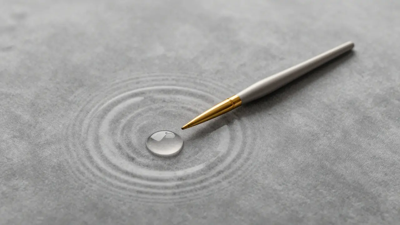 Ash circle tool resting with a gel droplet, radiating subtle concentric rings.