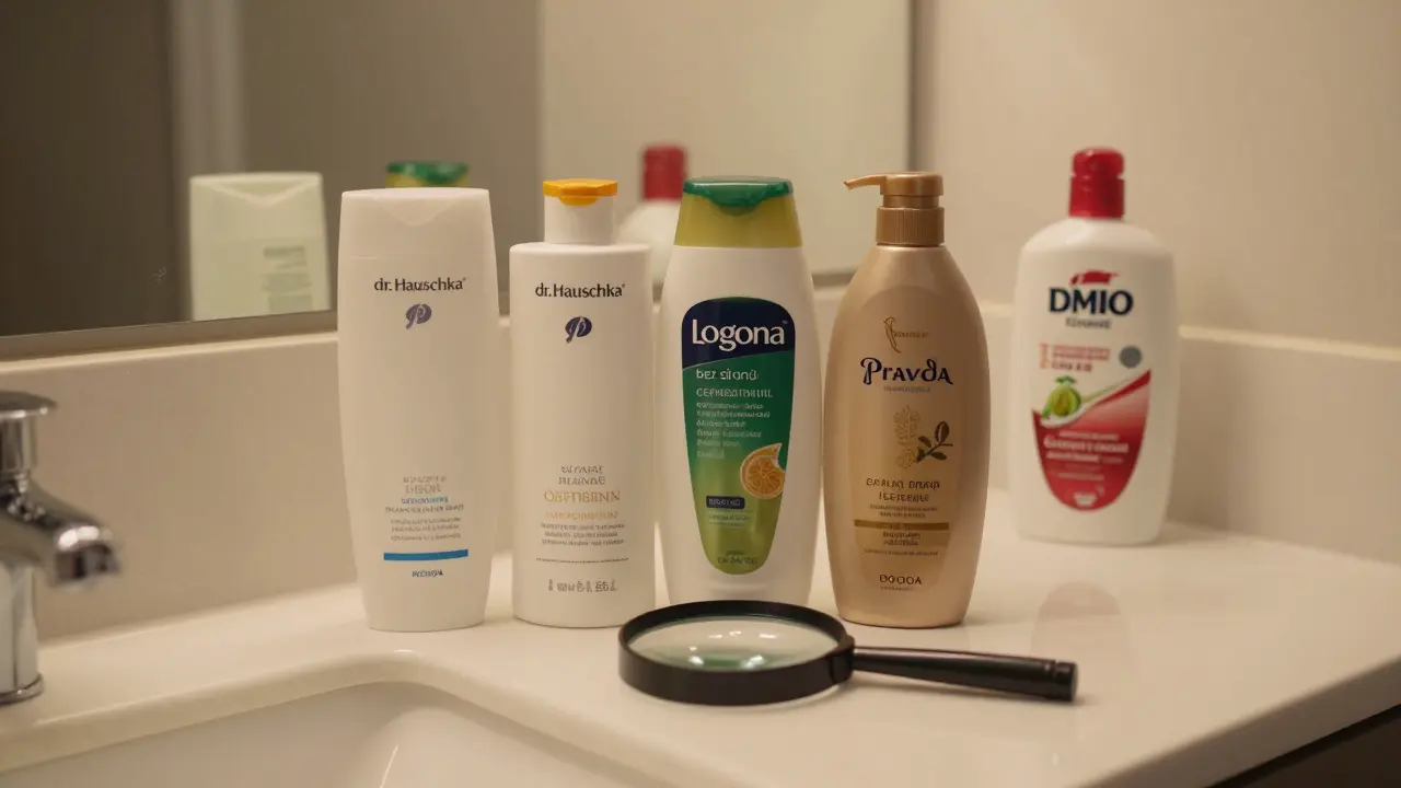 České šampony Dr. Hauschka, Logona a Pravda vedle obyčejného šamponu s přehledem složení.