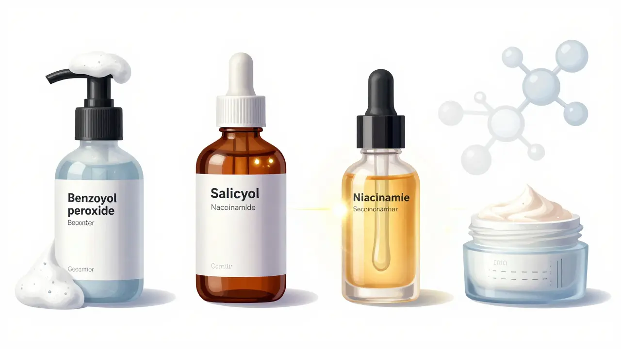 Čtyři klíčové látky proti akné: benzoyl peroxid, salicylová kyselina, niacinamid a retinoid.