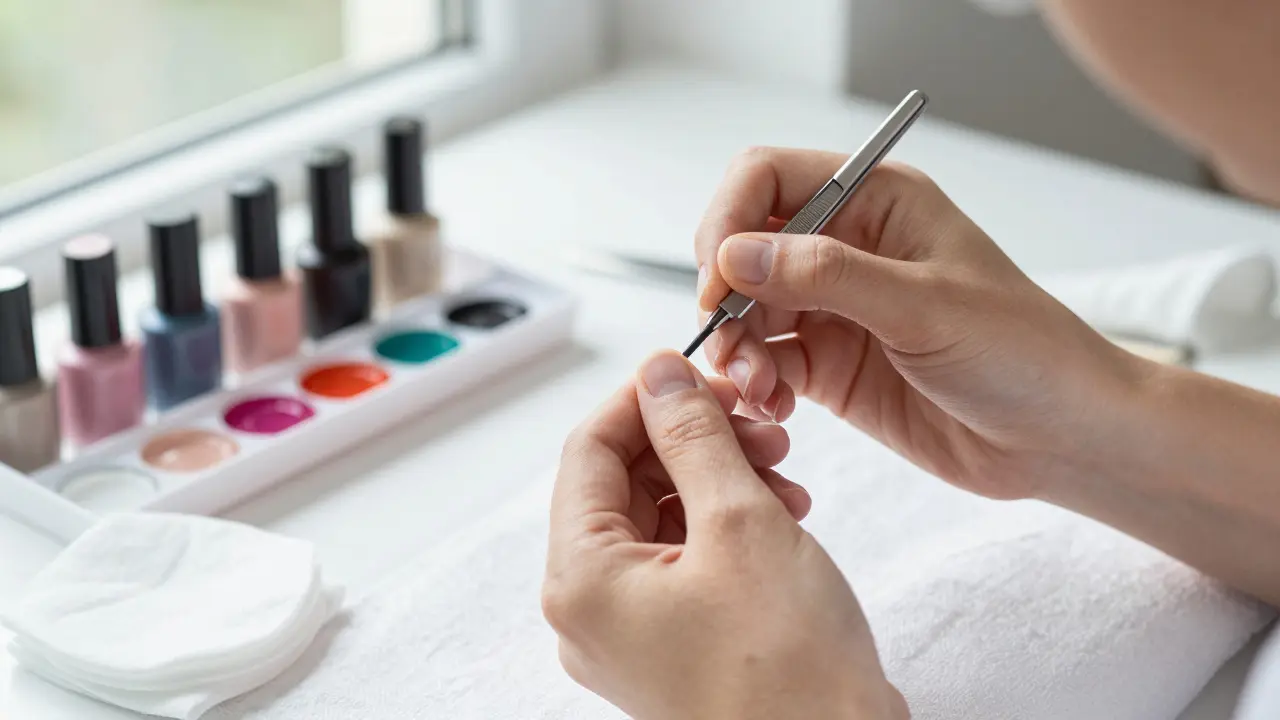 Detailní záběr pedikúry: technička aplikuje základní vrstvu laku na nehty, přírodní světlo a čisté prostředí.