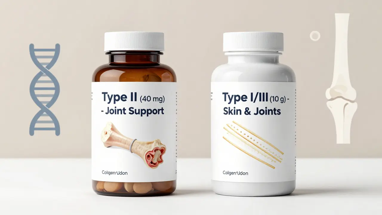 Dvě láhve kolagenu s popisky typu II a I/III na bílém pozadí.