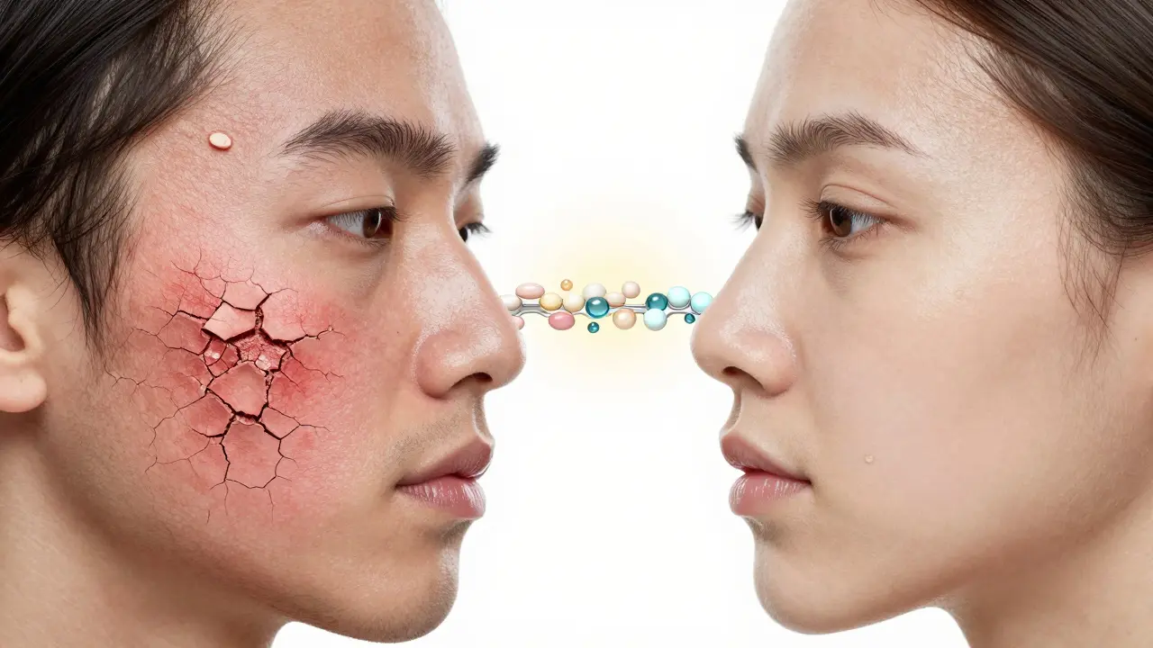 Dvě strany obličeje: jedna zaněklá, druhá zdravá, spojené látkami obnovujícími kožní bariéru.