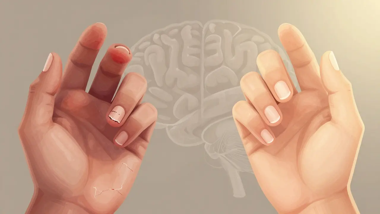 Dvě strany stejné ruky: jedna poškozená, druhá zdravá, s výrazným kontrastem.