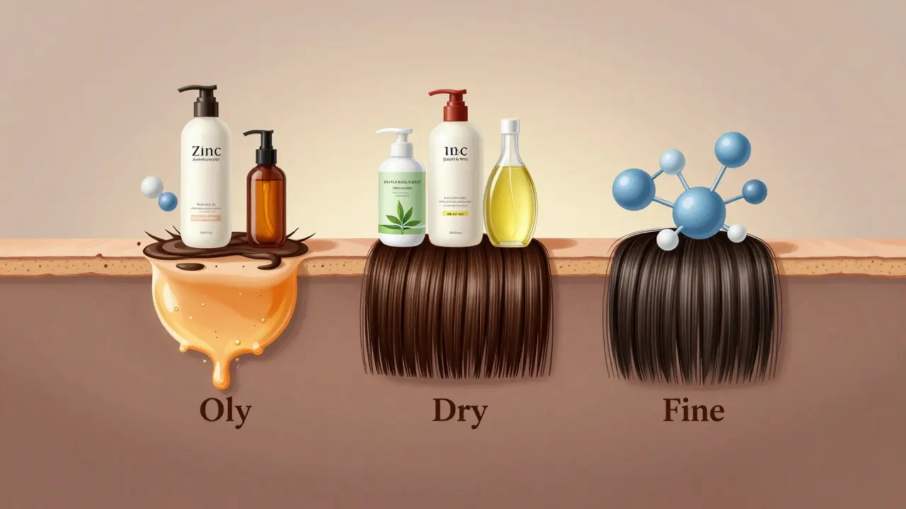 Křížový řez vlasů s příslušnými složkami šamponu pro různé typy vlasů.