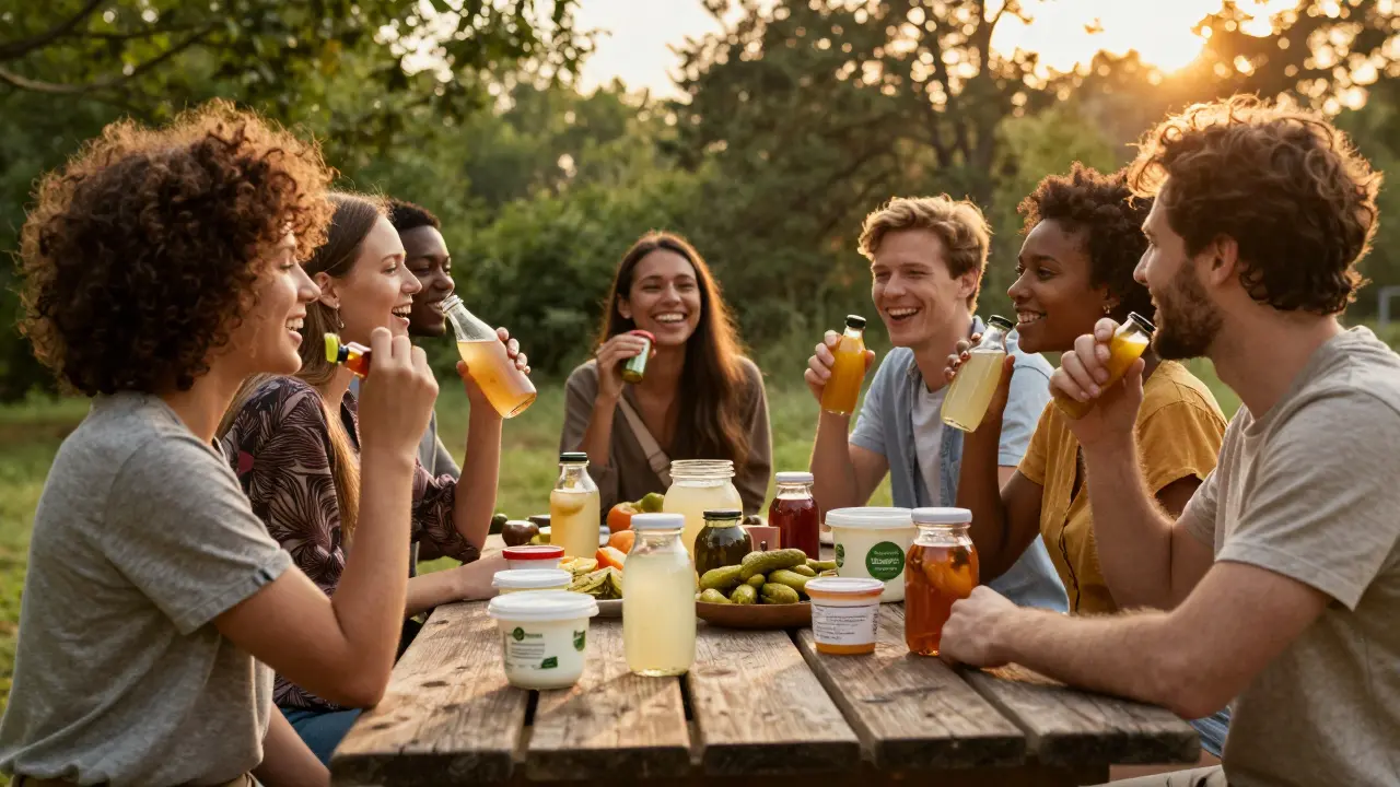 Lidé sdílící fermentované potraviny v přírodě