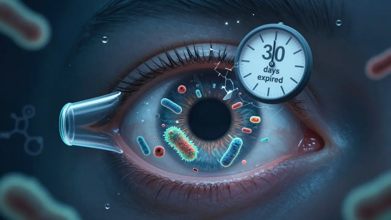 Mikroskopický pohled do oční kapky plné bakterií a plísní s vypršelým datem nahoře.
