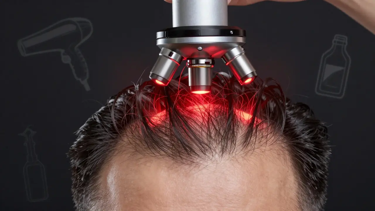 Mikroskopický pohled na aktivní vlasové folikuly stimulované červeným světlem, s odstupujícími znaky poškození.