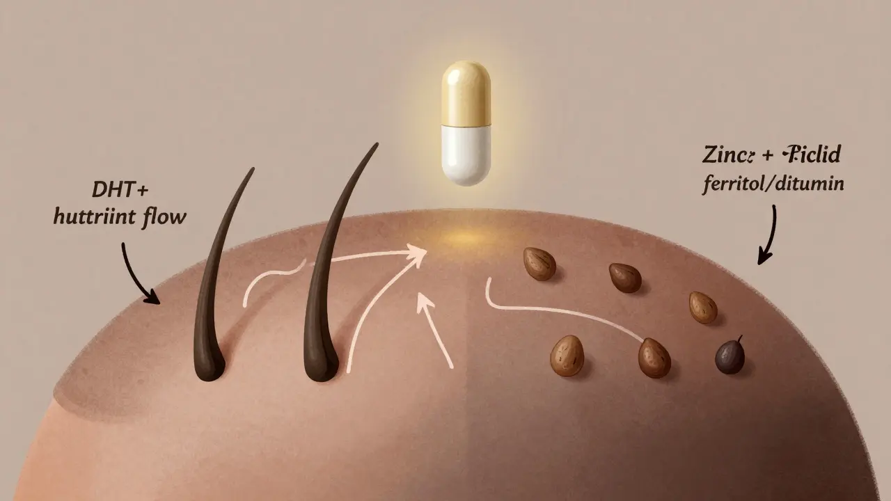 Mikroskopický pohled na vlasové folikuly s hormonálními cestami a doplňky.
