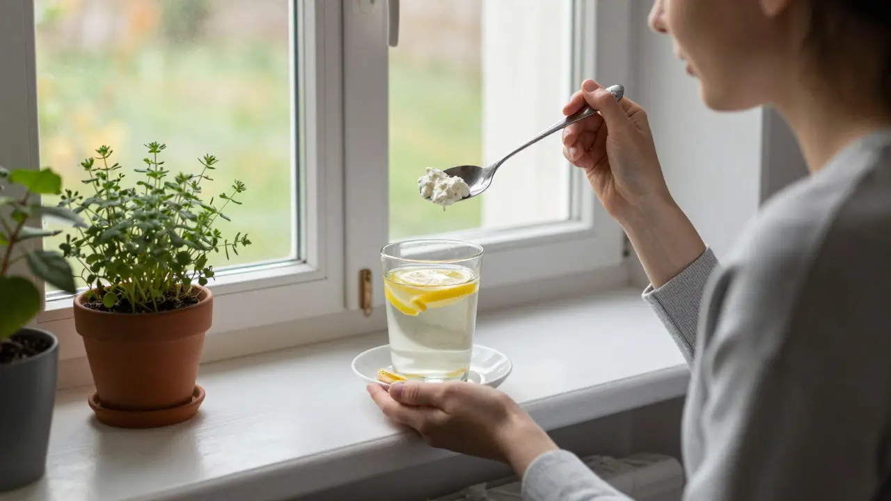 Osoba pije teplou vodu s citrónem a jí tvaroh u okna v klidné české kuchyni.