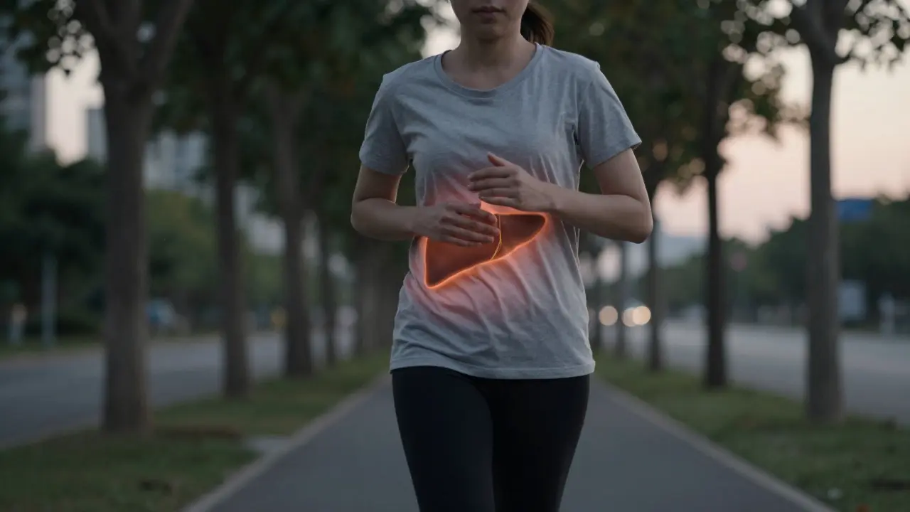 Osoba prochází večerem v klidném přírodním prostředí, symbolizující regeneraci jater.