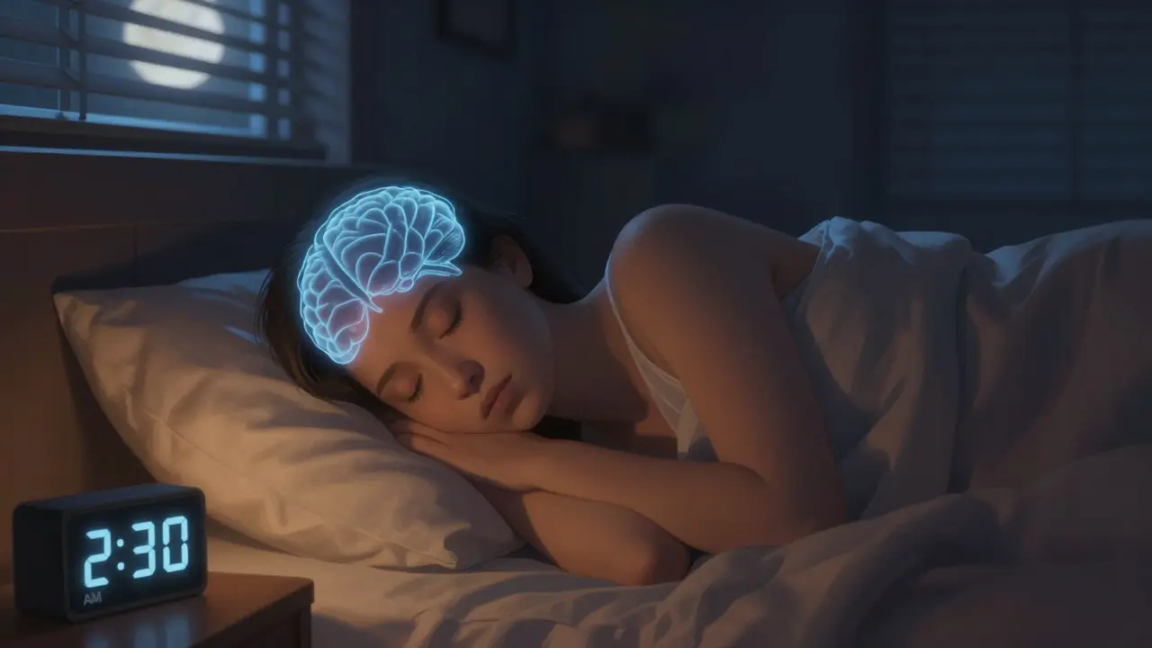 Osoba spí v noci, ve tmě se jemně září systém čištění mozku.