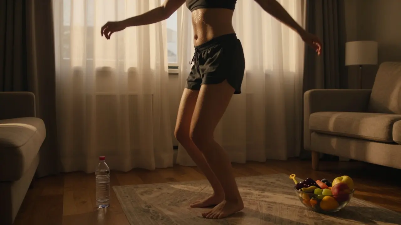 Osoba tančí v obývacím pokoji ve večerním světle, vedle ní voda a ovoce.