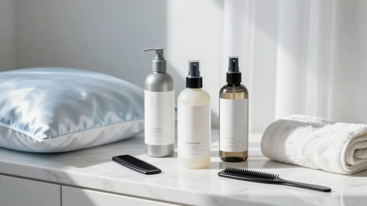 Péče o vlasy s termoochranným sprejem a hedvábnou polštářkovou taškou