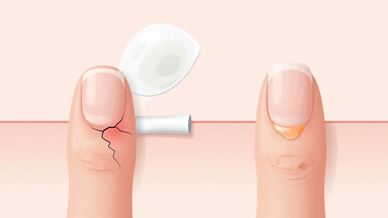 Porovnání poškozeného a zdravého nehtu: vlevo poškození od odtrhávání, vpravo obnova po jemném odstranění.