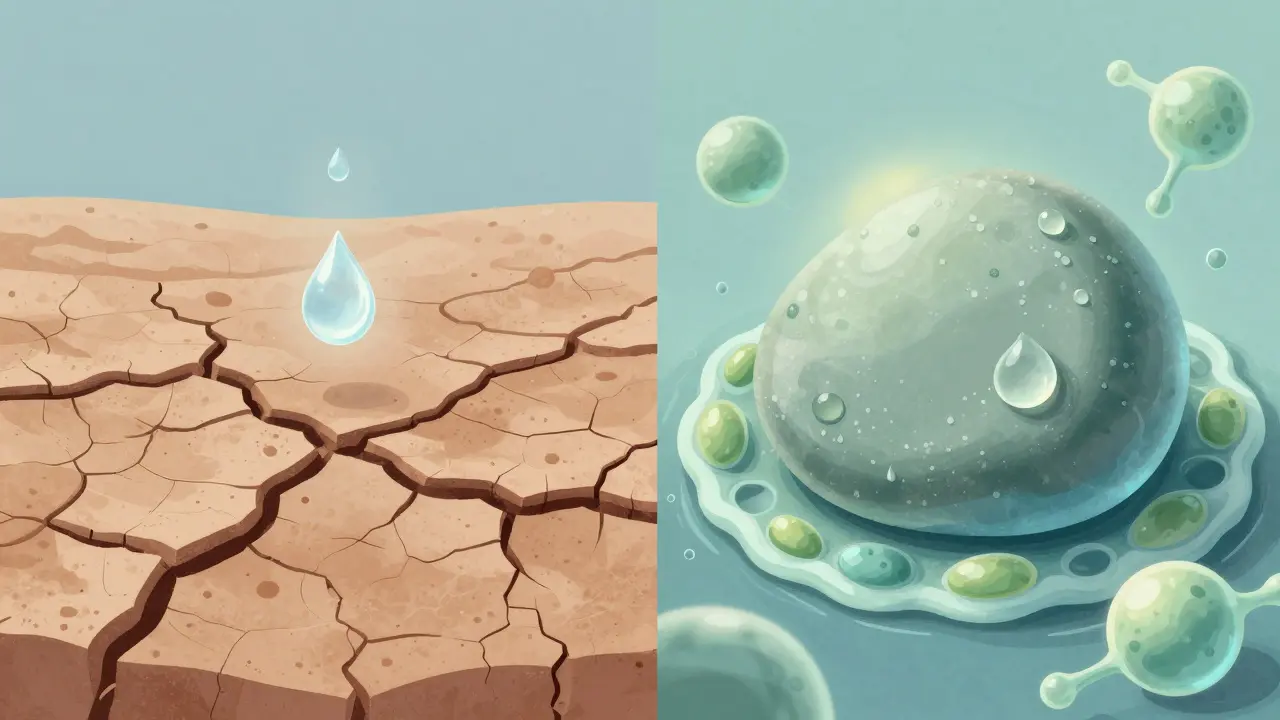 Porovnání suché a hydratované kůže: prasklé hlína vs. lesklý kámen s kapkami vody a molekulami.