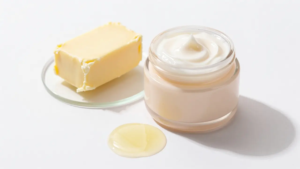 Přírodní ingredience jako máslo shea a glycerin na bílém podkladě.