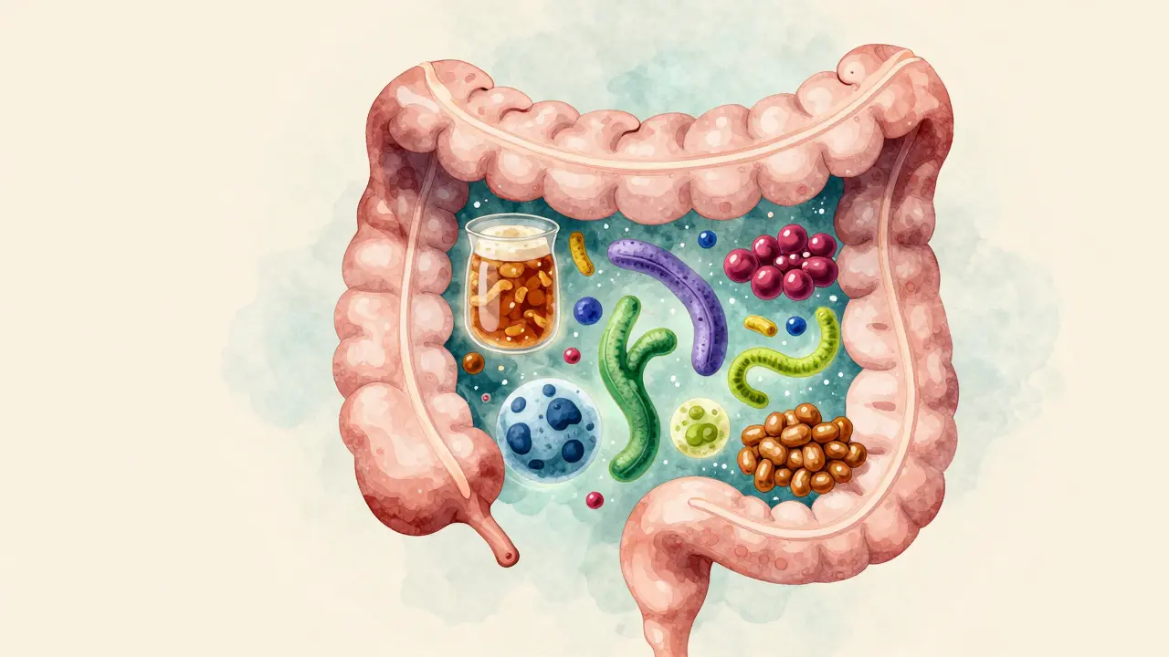 Průřez lidského střeva s probiotickými bakteriemi a kvašenými potravinami jako zdrojem mikroflóry.