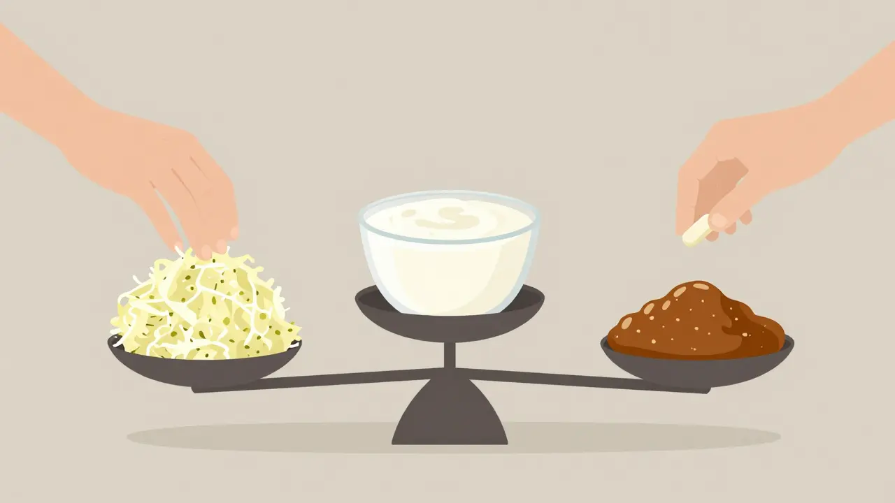 Rovnováha mezi přirozenými probiotiky a tabletkami, kde potraviny převažují nad doplňky.