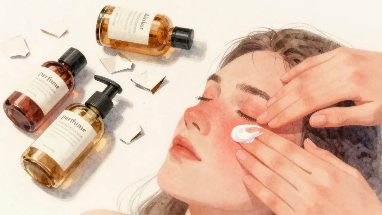 Ruka aplikuje jemný krém na zaněklou pokožku, zatímco odpadlé kosmetické láhve leží v pozadí.