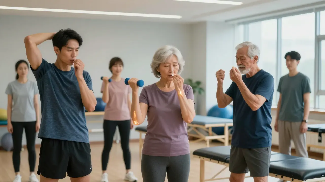 Různí lidé v rehábilitačním centru užívají kolagen během cvičení.