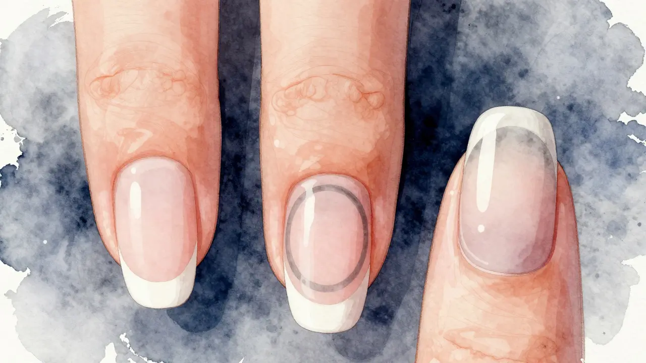 Three nails showing successful and failed ash circle applications in watercolor style.