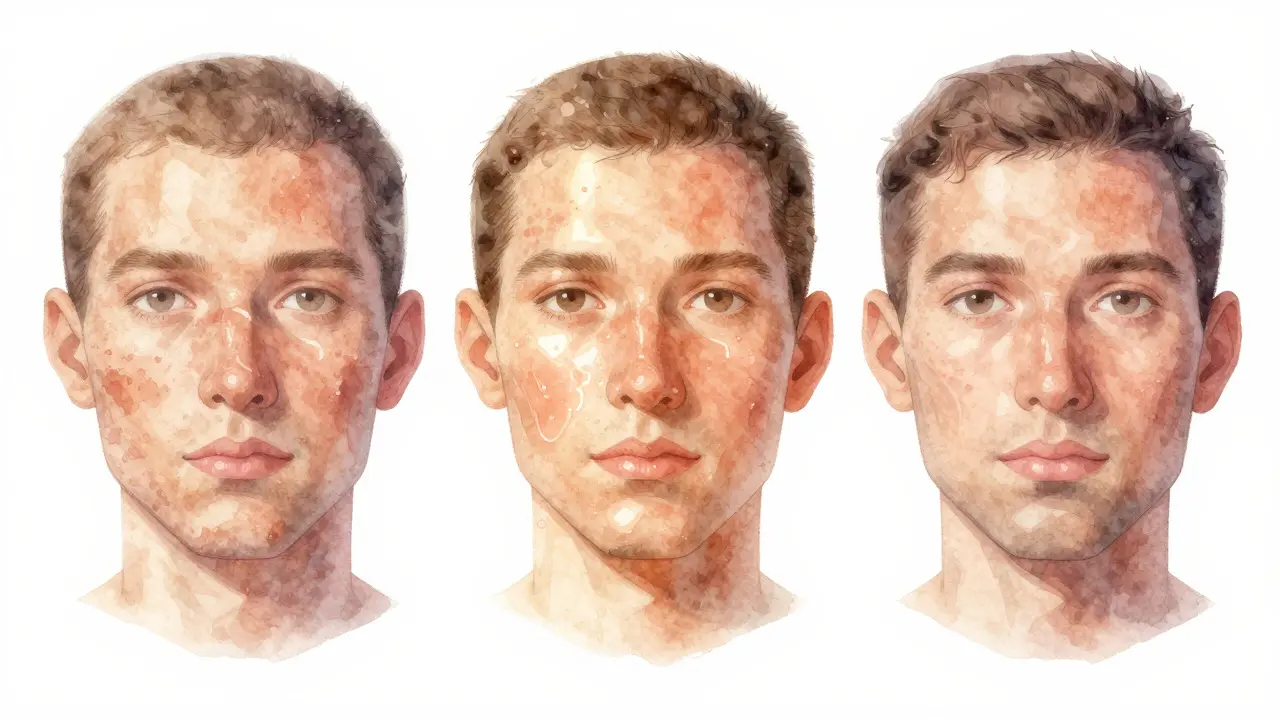 Tři typy pleti s odpovídajícími primery: suchá, mastná a kombinovaná, znázorněné barevně a stylisticky.