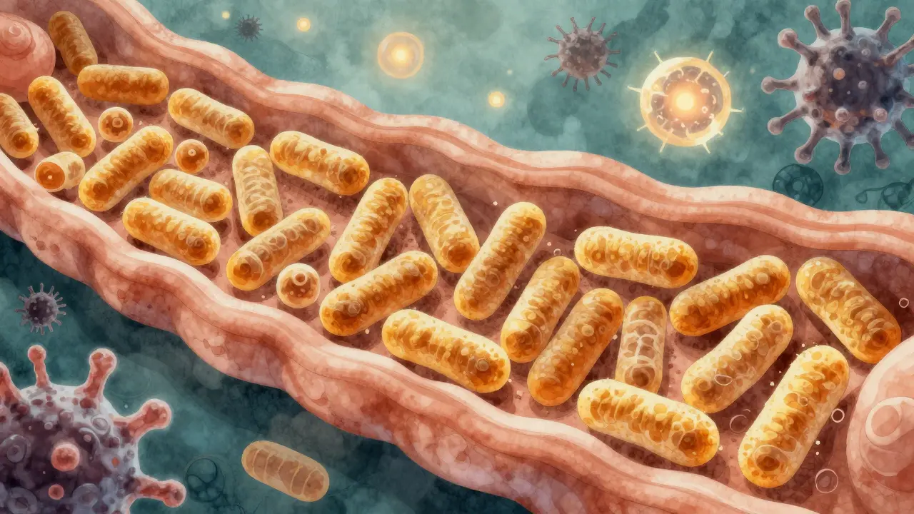 Vizualizace střevního mikrobiomu s laktobacily 6 jako zlatými bakteriemi chránícími střevo před škodlivými mikroorganismy.