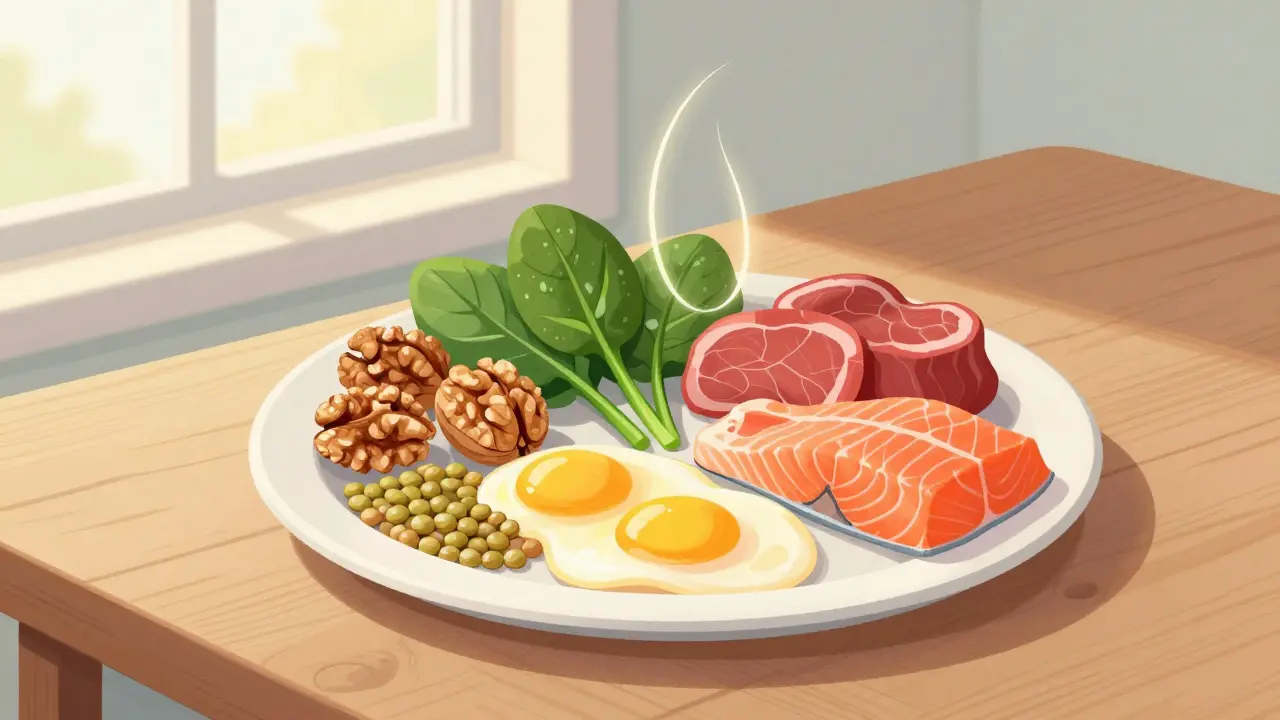 Vyvážená strava bohatá na zinek, železo a vitamin D, s subtilním zobrazením vlasových folikulů.